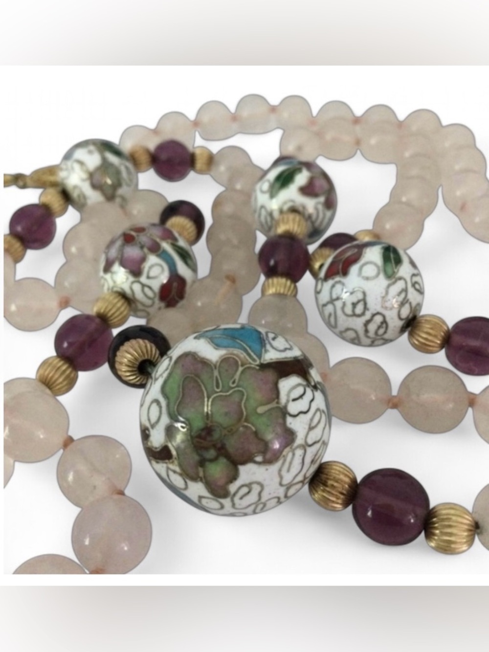 Vintage Rose Quartz, Glass & Chinese Export Cloisonné Beaded Necklace - Picture 3 of 7